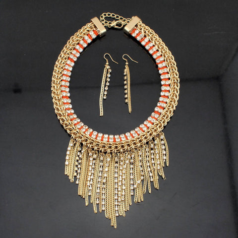 Chunky Chain Rhinestone Tassel Necklaces Earrings