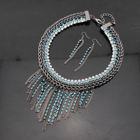 Chunky Chain Rhinestone Tassel Necklaces Earrings